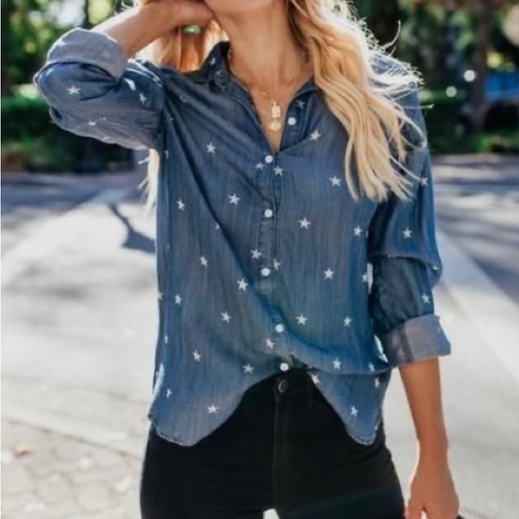 SNEAK PEEK • Blue Chambray Denim Star Print Long Sleeve Button-Down Shirt - Picture 14 of 14